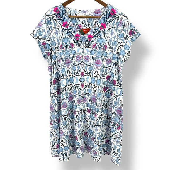 Go Softly Embroidered Jersey Knit Floral Tile Print Lounge Dress Sz XL Full Zip - Picture 1 of 8
